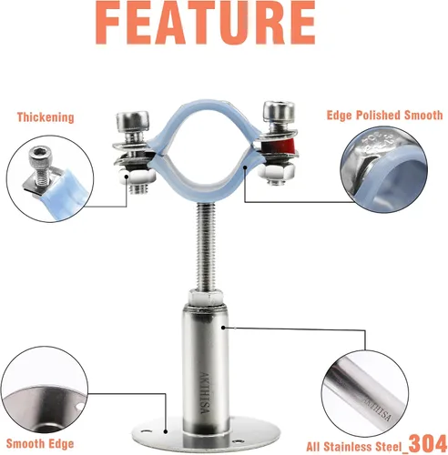 Miniatura 3 de AKIHISA Colgador de anillo de soporte de tubo de montaje en pared de 1-1/4 a 1-11/32 pulgadas, 2 abrazaderas ajustables de acero inoxidable