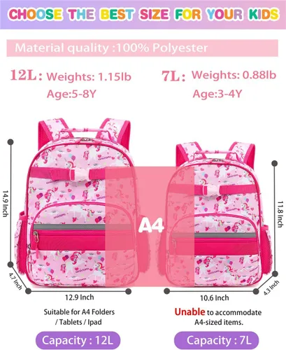 Miniatura 5 de Mochila para niños y niñas, mochila ligera para niños y niñas, preescolar, primaria, jardín de infantes, Niñas-unicornio rosa, 12L(Para Niños 5-8