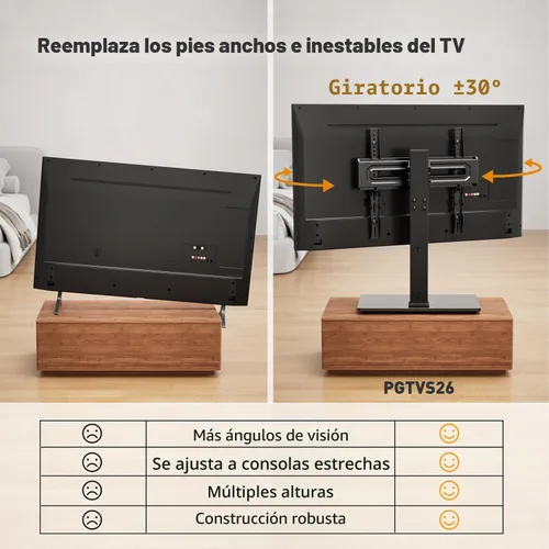 Miniatura 3 de Perlegear Base giratoria universal para televisores de 32 a 70 pulgadas, soporte de mesa ajustable en altura con inclinación, base de vidrio