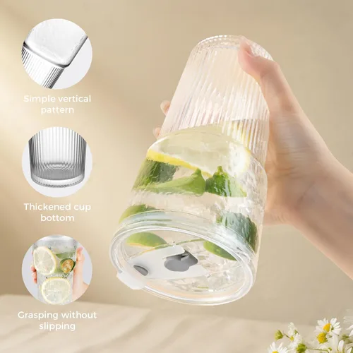 Miniatura 7 de Vasos de vidrio de 20 onzas con tapas y popotes: vaso de café helado con tapas, vasos gruesos reutilizables acanalados para llevar, vasos Matcha 2