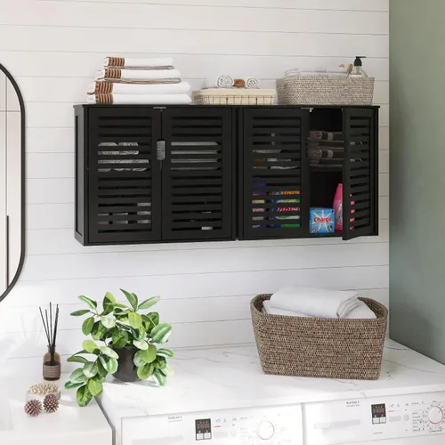 Miniatura 6 de HITNET Gabinete de almacenamiento de baño negro, gabinete de medicina colgante con estante ajustable, organizador de ahorro de espacio de bambú