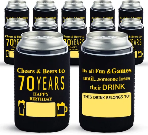 Yangmics Direct Paquete de 12 fundas para enfriar latas de cumpleaños número 70, suministros para fiestas de cumpleaños número 70, color negro y