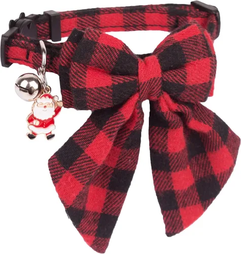 Miniatura 4 de PTDECOR Paquete de 2 Collares de Navidad para Gatos, Collar a Cuadros con Cascabel de Moño Extraíble, Collares de Navidad con Moño a Cuadros de Arco