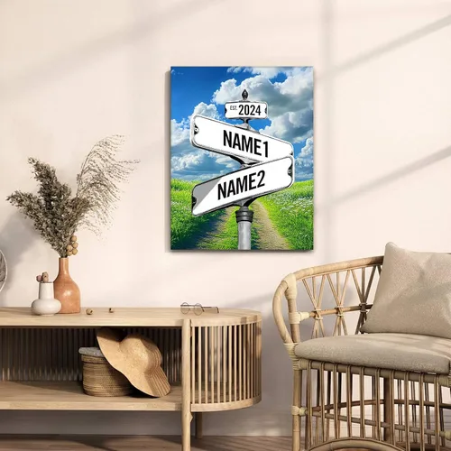 Miniatura 49 de Impresiones en lienzo personalizadas: letrero de calle Crossroads para parejas, arte de pared, nombres y fechas, regalo personalizado, impresión