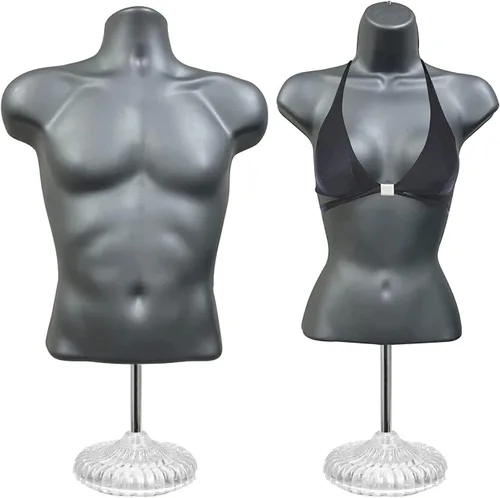 Miniatura 11 de Torso de maniquí masculino y femenino con soporte de metal, cuerpo hueco en la espalda, forma de vestido apilable para exhibición de camisetas, Gris