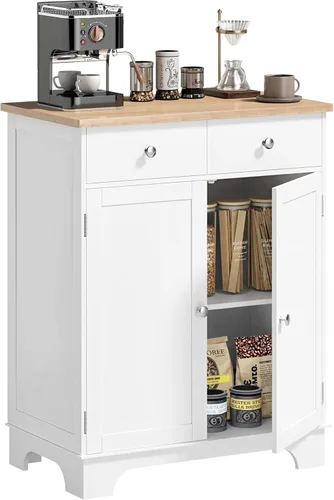 Miniatura 23 de HOMCOM Aparador de buffet con encimera de madera maciza, gabinete de almacenamiento de cocina moderno, gabinete de barra de café con 2 cajones, Negro