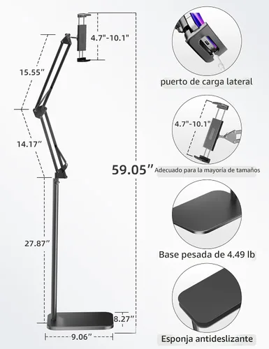 Miniatura 5 de Soporte de piso para tableta con base de metal pesado de 4.5 libras, soporte de teléfono elevado sobre la cama con ángulo y altura ajustables