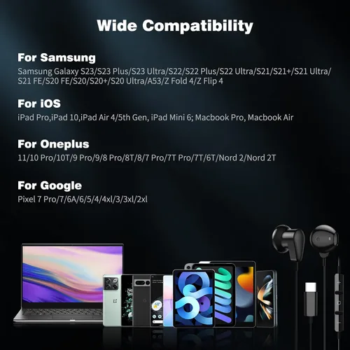Miniatura 6 de ACAGET Auriculares USB tipo C para Samsung Galaxy S26 Ultra S25 S24 FE S23 S22 Z Fold 6 Flip 5 Auriculares estéreo de alta fidelidad con micrófono