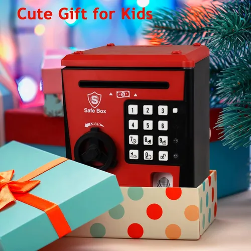 Miniatura 6 de Caja de ahorro segura para niños con contraseña por huella dactilar, alcancía parlante con diseño de cajero automático para dinero real, juguete