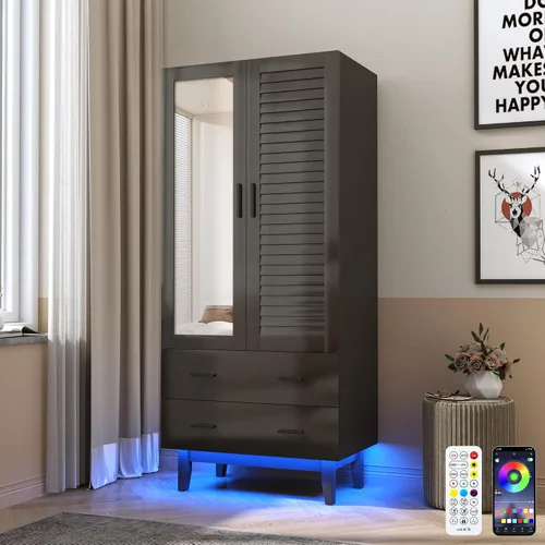 Miniatura 7 de Hlivelood Armario Ropero Closet de 2 Puertas con Espejo, Cajones y Luces LED, Estantes de Múltiples Niveles, Barra Colgante y 2 Puertas de Persiana