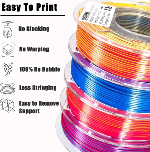 Miniatura 6 de Filamento de impresora 3D PLA, arcoíris 3 en 1, filamento PLA de 1.75mm +/-0.02mm, filamento sedoso de impresión de alta velocidad de tres