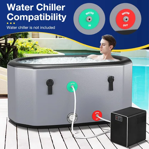 Miniatura 7 de COSTWAY XL - Bañera de hielo ovalada de 129 galones con tapa, bañera inflable portátil para exteriores con mochila, bomba, para frío y terapia, Gris