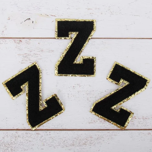Miniatura 35 de Paquete de 3 parches de felpilla termoadhesivos con brillantina de las letras "S" de 2.0 in de alto, tela de felpilla negra con ribete dorado