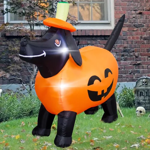 Miniatura 4 de Decoración inflable de calabaza para perro de 4 pies de largo con luces LED, calabaza salchicha de calabaza, decoración inflable para exteriores