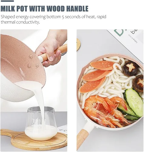 Miniatura 4 de Hemoton Sartén antiadherente para leche de 1.5 L, práctica olla con mango de madera, versátil olla pequeña para sopas, salsas y leche caliente, olla