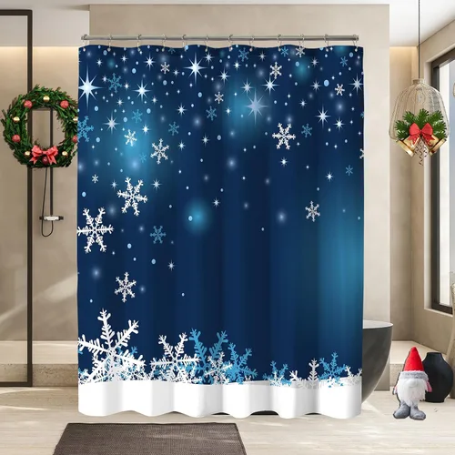 Miniatura 2 de Cortina de ducha de Navidad, cortinas de ducha azules con copos de nieve de Navidad para decoración de baño, cortina de ducha azul de vacaciones