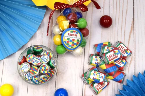 Miniatura 6 de Kit de calcomanías para fiesta de cumpleaños de bloques de construcción y ladrillos, 429 piezas, incluye 60 calcomanías circulares de 2 pulgadas