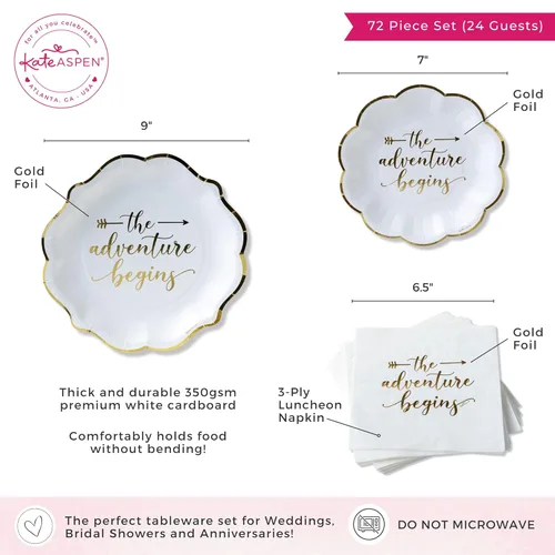Miniatura 6 de Kate Aspen The Adventure Begins - Juego de platos y servilletas de papel para boda, 72 piezas, platos de boda, vajilla desechable para 24 invitados