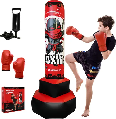 COMMOUDS Saco de boxeo de 67 pulgadas para niños, juego de boxeo inflable con guantes, saco de boxeo de rebote rápido para practicar karate, Rojo