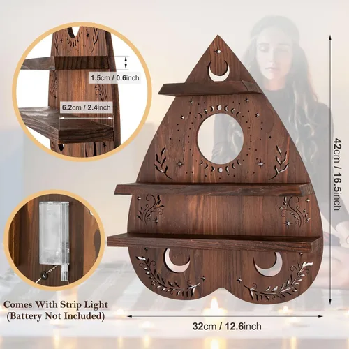 Miniatura 3 de Estante de pared de cristal ANROYE para piedra, arte de soporte de cristal pagano vintage con luz, almacenamiento de gemas de madera wiccana
