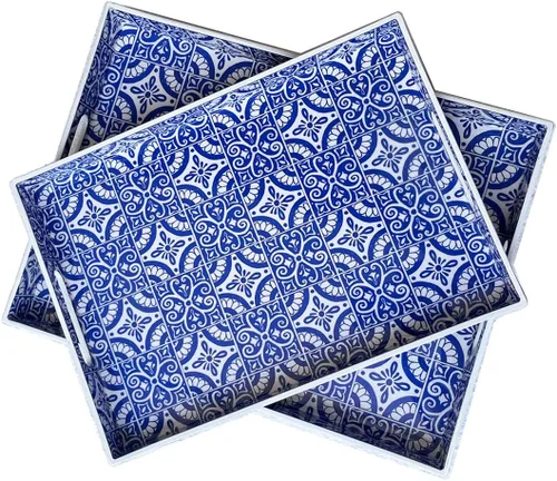 Miniatura 22 de Bandeja de servir azul con 4 asas, bandeja decorativa de plástico para mesa de café, otomana - Ideal para sala de estar y baño. 15 x 11 x 1.9