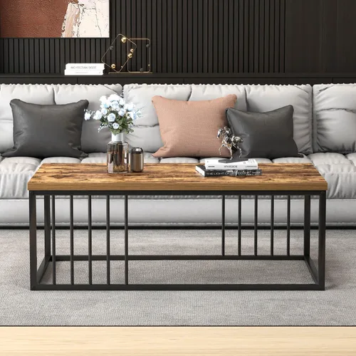 Miniatura 7 de FOLUBAN Mesa de café, moderna mesa de sala de estar de madera y metal, mesa de té rectangular industrial, marrón rústico, 43.3 pulgadas