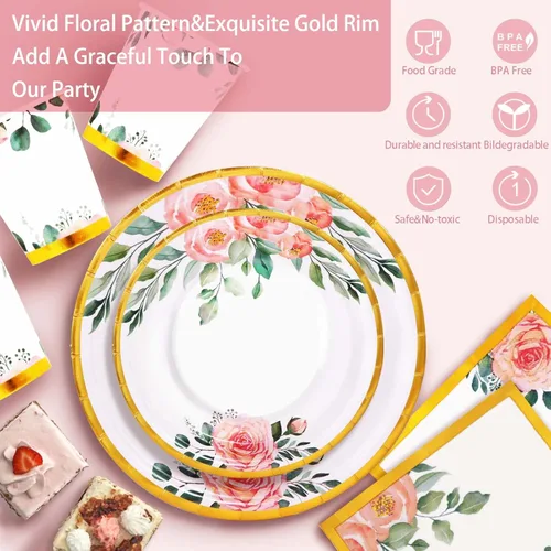 Miniatura 3 de Juego de 350 platos de papel floral, platos desechables con borde dorado para 50 invitados, suministros de fiesta para adultos, jardín, fiesta