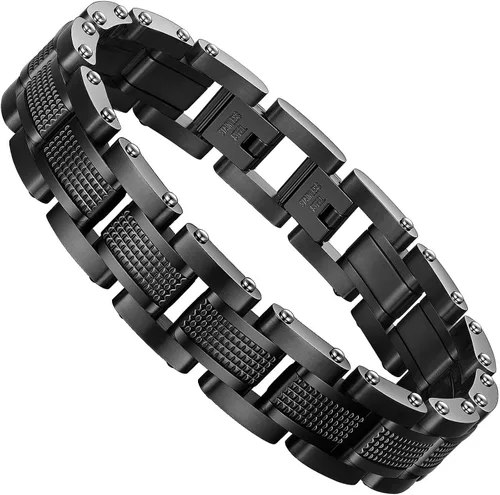 Hombres Pulsera de acero inoxidable hombres pulsera negra Enlace diamante plata pulsera partículas azules joyería hombres cadena cajas de regalo