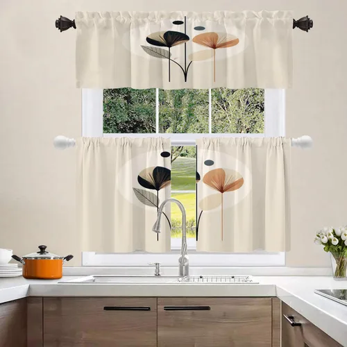 Miniatura 2 de Shrahala Floral Abstract Design Blackout Curtain Tiers, Minimalist Flower Illustration Kitchen Valance Light Blocking Tier Drapes with Rod Pocket, 2