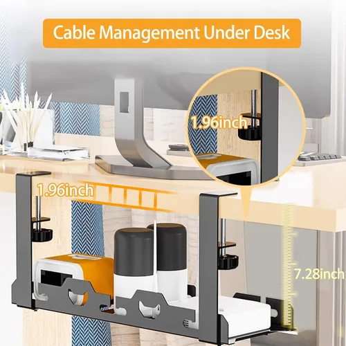Miniatura 2 de BYMECOST Bandeja de gestión de cables doble sin taladrar debajo del escritorio, extensible de acero resistente para debajo del escritorio, bandeja