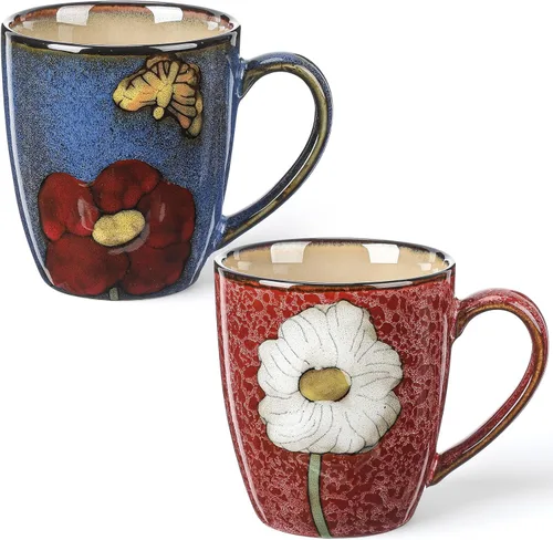 Miniatura 9 de Maxdot Juego de tazas de café de cerámica de 12 onzas, proceso de acristalamiento, taza de capuchino, tazas de té de cerámica floral, regalo