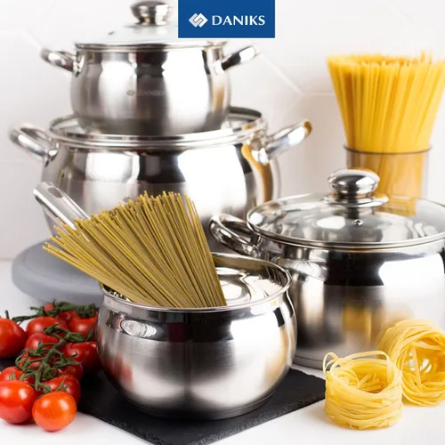 Miniatura 2 de Daniks Juego clásico de utensilios de cocina de acero inoxidable de 12 piezas con tapas de vidrio, incluye cacerola y sartén con tapa, bases de tres
