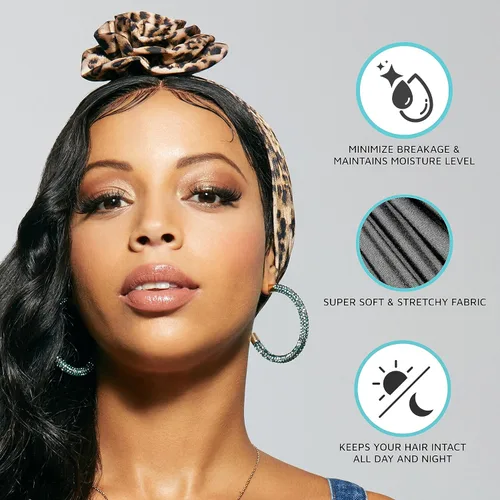 Miniatura 3 de KISS COLORS & CARE Turbante preatado con nudo superior, negro, elegante, elástico y suave para dormir, máxima protección del cabello, minimiza