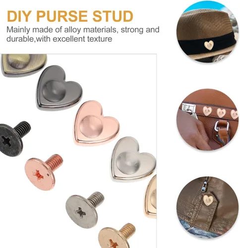 Miniatura 6 de EXCEART 20 remaches con forma de corazón para pies de bolso, decoración de cuero para manualidades, puntas de cabeza plana con tornillos para bolsa