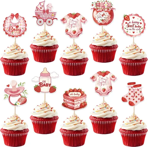 Miniatura 28 de Paquete de 24 adornos para cupcakes Sweet One con purpurina para primer cumpleaños, fresa, cupcakes, para frutas, baby shower, primer cumpleaños