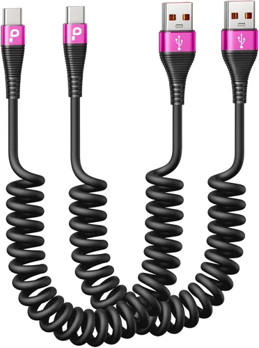 Miniatura 18 de Cable USB C de carga rápida, paquete de 2 cables de carga USB A a USB C en espiral de 3 pies para automóvil, cable de carga USB-C compatible
