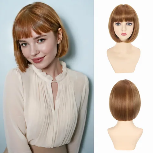 Miniatura 16 de Peluca Bob Marrón Ceniza con Flequillo, Peluca Corta y Lisa para Mujeres y Niñas, 12 Pulgadas, Resistente al Calor, Peluca de Cabello Bob Sintético
