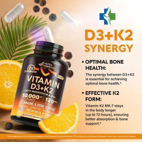 Miniatura 4 de Vitamina D3 K2 – Vitamina D3 10000 iu y K2 como MK-7 120 mcg – Apoyo inmunológico y del estado de ánimo, para la salud de huesos y dientes