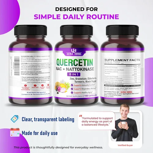 Miniatura 9 de Suplemento de quercetina con bromelina, vitamina C y zinc, nattoquinasa, NAC, saúco, saúco Complejo ultra antioxidante 8 en 1 para la salud inmune