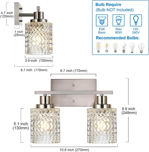 Miniatura 3 de MELUCEE Aplique de pared de 2 luces con pantalla de vidrio martillado, luces de baño de níquel cepillado sobre el espejo, accesorios de iluminación