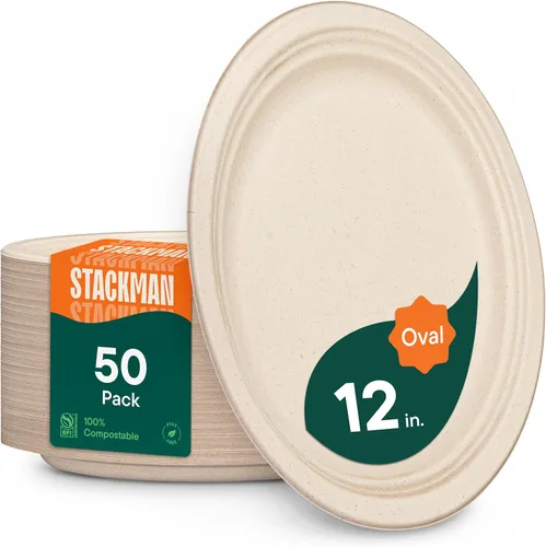 Platos de papel ovalados 100 % compostables [12.5 pulgadas – paquete de 50 unidades] Elegante plato desechable de alta calidad, bagazo natural sin