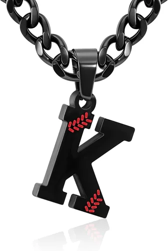 Miniatura 62 de Avotto Collar de béisbol con letra inicial de la A a la Z para niños y hombres, cadena cubana de acero inoxidable resistente que no se decolora