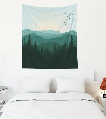 Miniatura 73 de EMMTEEY Tapiz de pared con bosque - Árbol de pino verde y niebla, arte de pared natural, 80x60 pulgadas, tapiz grande de estilo bohemio para sala