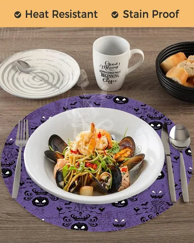 Miniatura 6 de Juego de 2 manteles individuales redondos de Halloween, diseño de murciélagos de calabaza fantasma, manteles individuales tejidos lavables