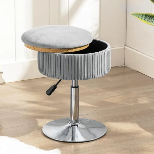 Miniatura 8 de LUE BONA Taburete giratorio de 360° para sala de maquillaje, taburete ajustable en altura para tocador con almacenamiento, pequeño cuero sintético