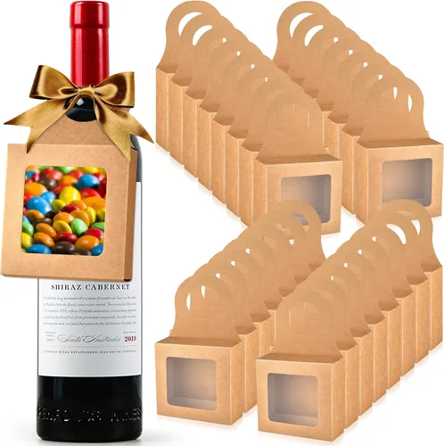 Miniatura 9 de Mototo 30 cajas de papel kraft para botellas de vino con colgador de ventana transparente, cajas de regalo vacías con colgador para San Valentín