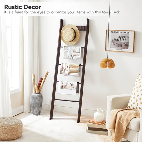 Miniatura 4 de HOOBRO Escalera para toallas para sala de estar y dormitorio, estante decorativo en forma de escalera de 5 niveles para pared y baño, con 4 ganchos
