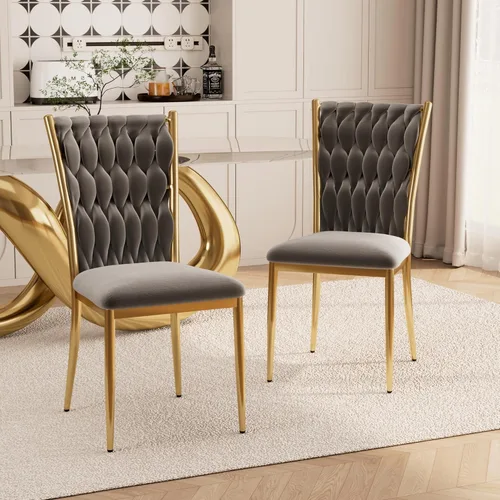 Miniatura 12 de Juego de 2 sillas de comedor de terciopelo, modernas sillas de cocina tejidas con patas de metal dorado, cojín tapizado con respaldo alto