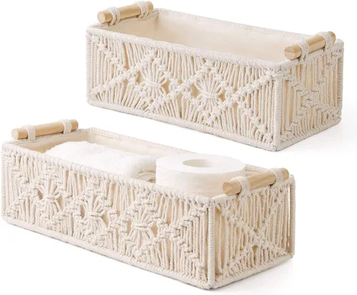 Miniatura 9 de Mkono Cestas de almacenamiento de macramé, caja de decoración bohemia tejida a mano decorativa para encimera, tanque de inodoro, estante organizador