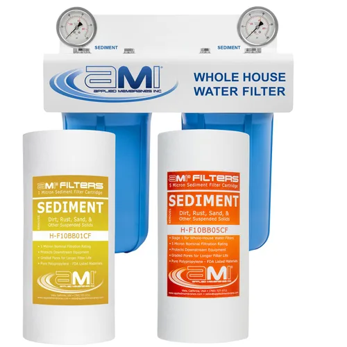 Applied Membranes Inc. Sistema de filtro de agua de 2 etapas para toda la casa, 1 micrón y 5 micrones 4.5 pulgadas por 10 cartuchos de filtro de